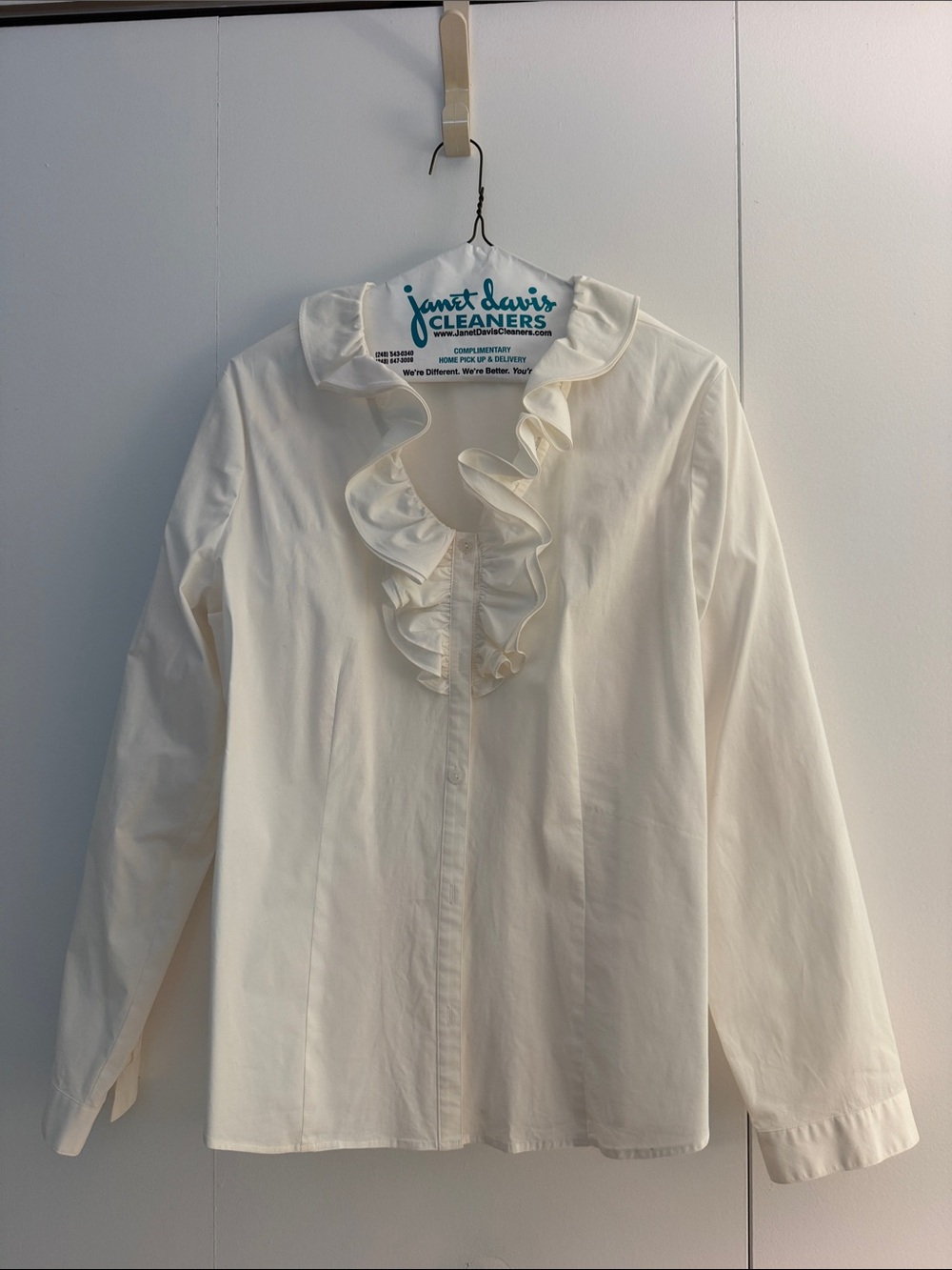 Talbots White Ruffle-Front Long Sleeve Blouse